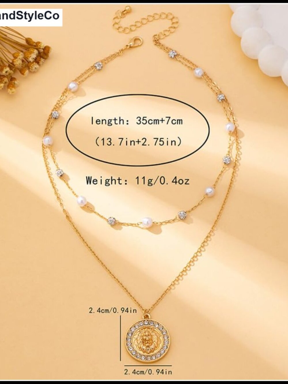 Layered Faux Pearl Rhinestone Lion Head Coin Pendant Necklace - Picture 3 of 5